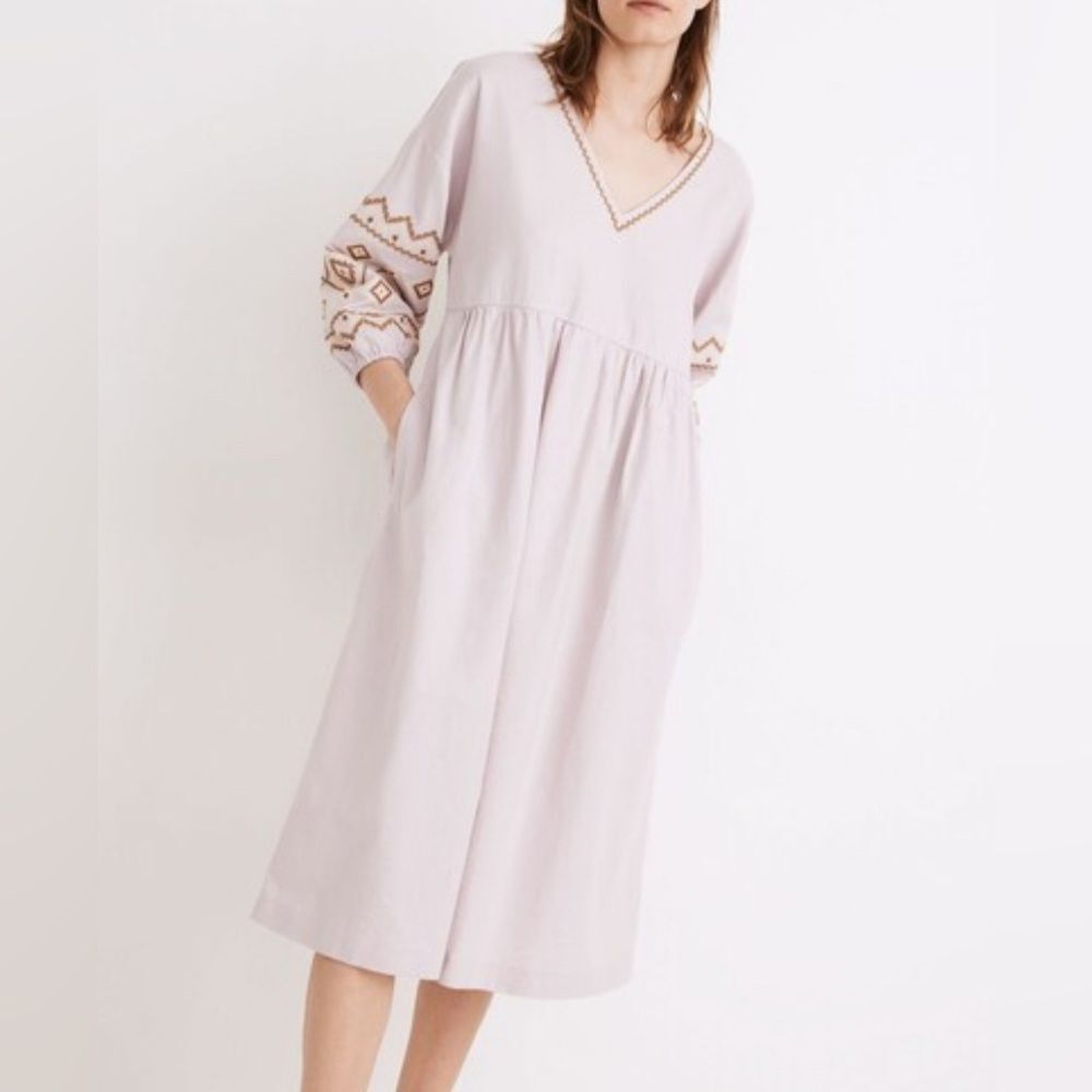 Madewell Embroidered Cotton/Linen Popover Lavender Midi Dress Sz SP Peasant